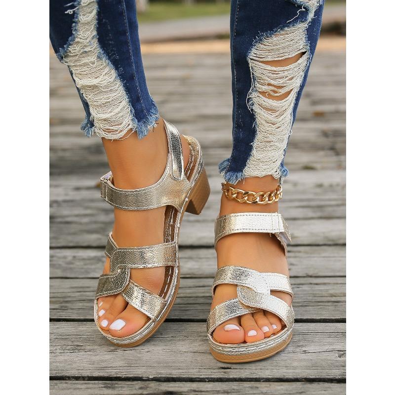 Large size hollow Velcro high heel sandals women's new buckle thick heel fish mouth sandals ebay