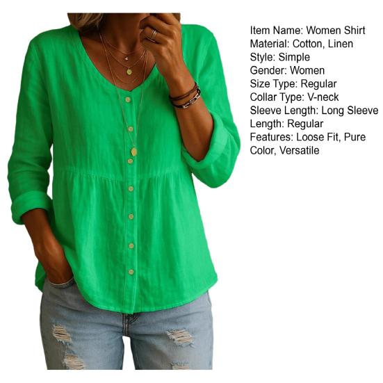 Women Shirt V-Neck Long Sleeve Buttons Placket Shirt Tops A-Line Silhouette Short Front Long Back Hem Casual Shirt