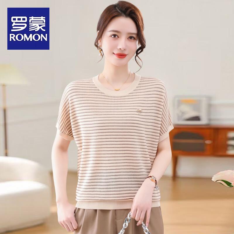 Romon Women s Striped Knit Short Sleeve T-Shirt XL