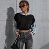 Autumn Women Fashion Color-block Crop Top Loose Drawstring Hooded Hoodie