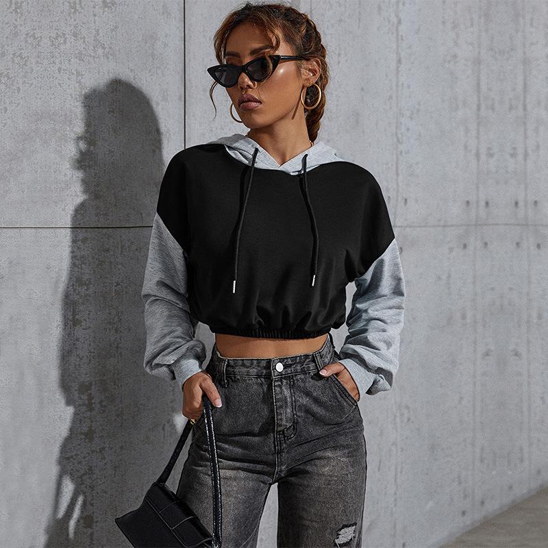 Autumn Women Fashion Color-block Crop Top Loose Drawstring Hooded Hoodie
