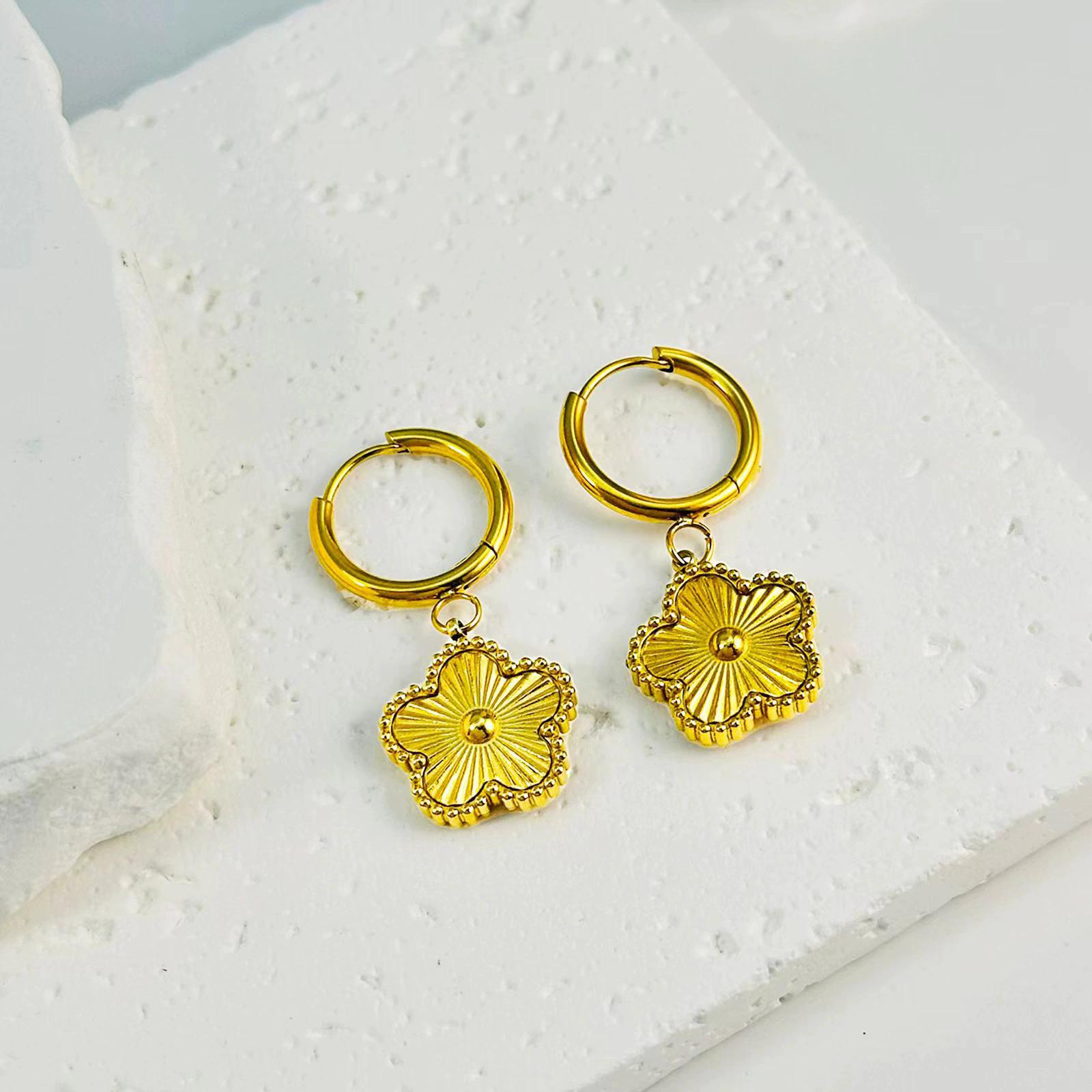 Stainless Steel Gold Plated Flower Hoop Drop Earring Delicate Women Girls  Gift