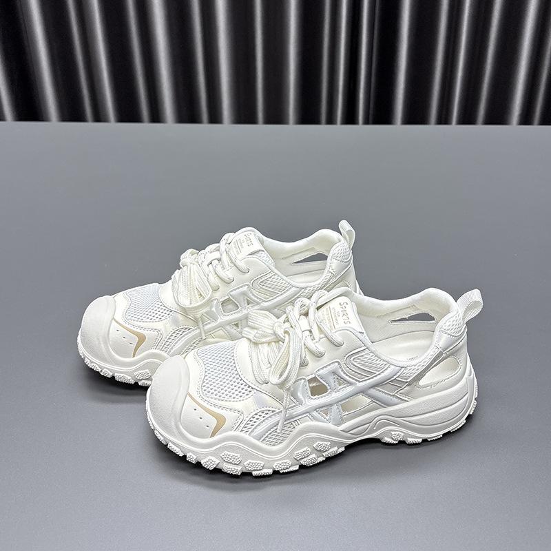 Leather mesh ugly cute dad shoes girl 2025 summer new thick-soled hollow thin breathable casual sports shoes tide