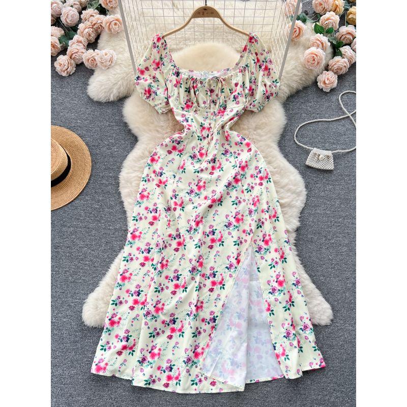 Puff Sleeves Summer Slimming Mori Style Split Dress