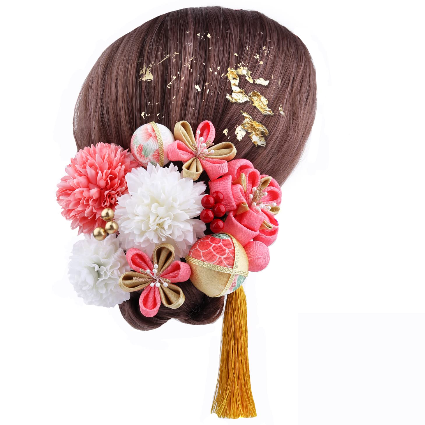 

Handmade Hair Ornament Set for Japanese Hair Gold Flower Perfect for Shiromuku Irouchikake and Includes Gold 13-Piece Coming-of-Age Ceremonies, розовый