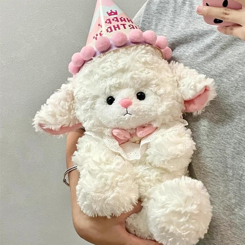 25Cm Cute Cartoon Birthday Hat Princess Sheep Fluffy Simulation Lamb Plush Toy Cute Kawaii Animal Fluffty Doll Birthday Gift