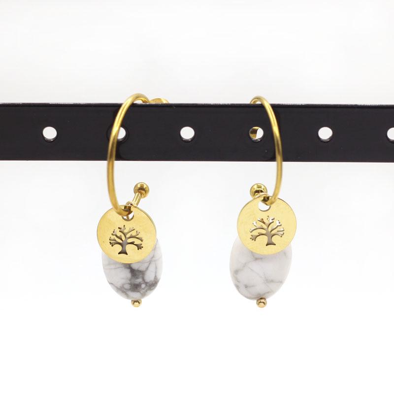 Gold Plated Tree of Life Stone Pendant Earrings - Women s European American Fashion Style