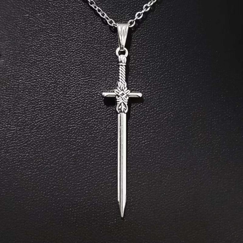 Unisex Gothic Dark Alloy Sword Pendant Necklace with Stainless Steel Clavicle Chain
