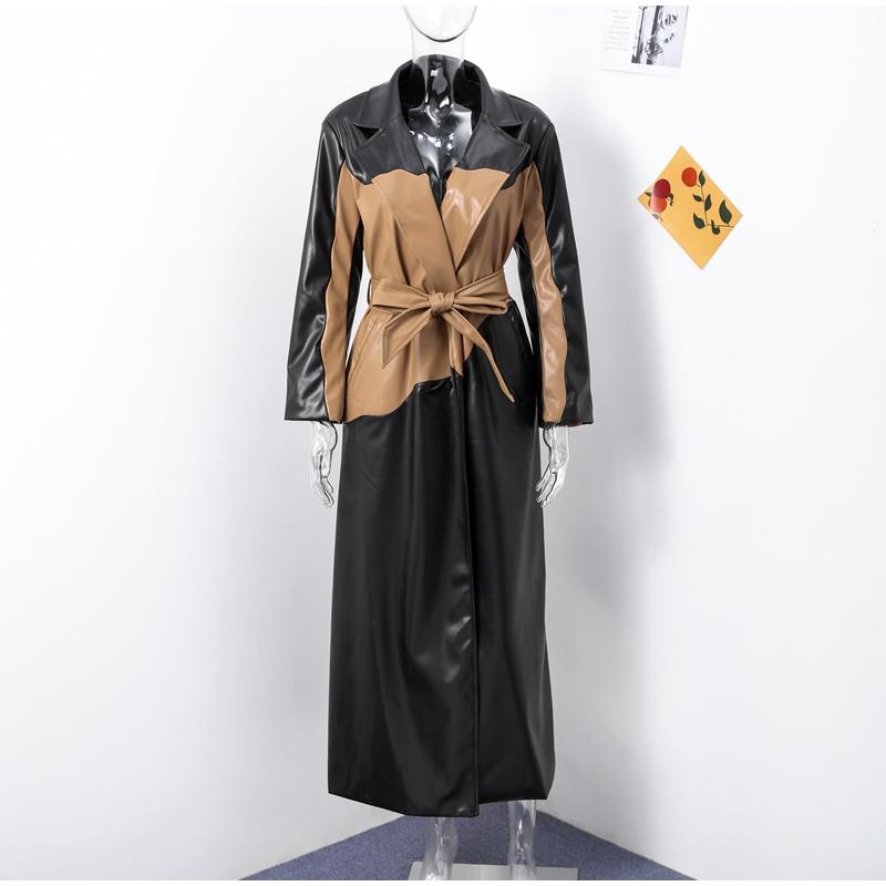 

Контрастная кожаная длинная женская куртка со шнуровкой на лацканах с длинным рукавом, женская макси-куртка из искусственной кожи, осенне-зимнее уличное женское пальто с карманами L чёрный