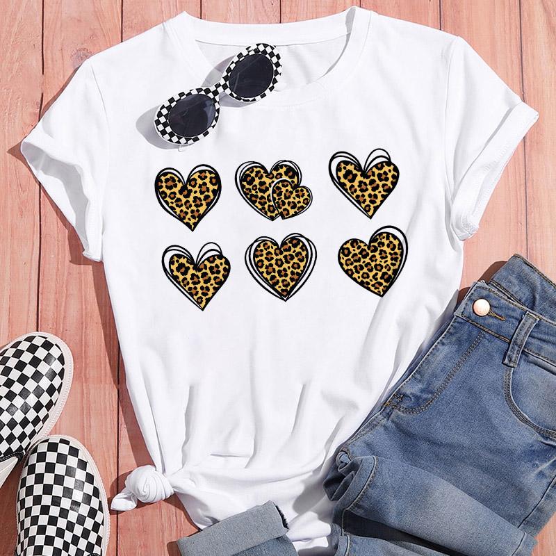 Sportswear Feminine Short Sleeve White Tshirt Clothes Heart Graphic Print T-Shirt Leisure Summer O-Neck Oversized Top Popular T