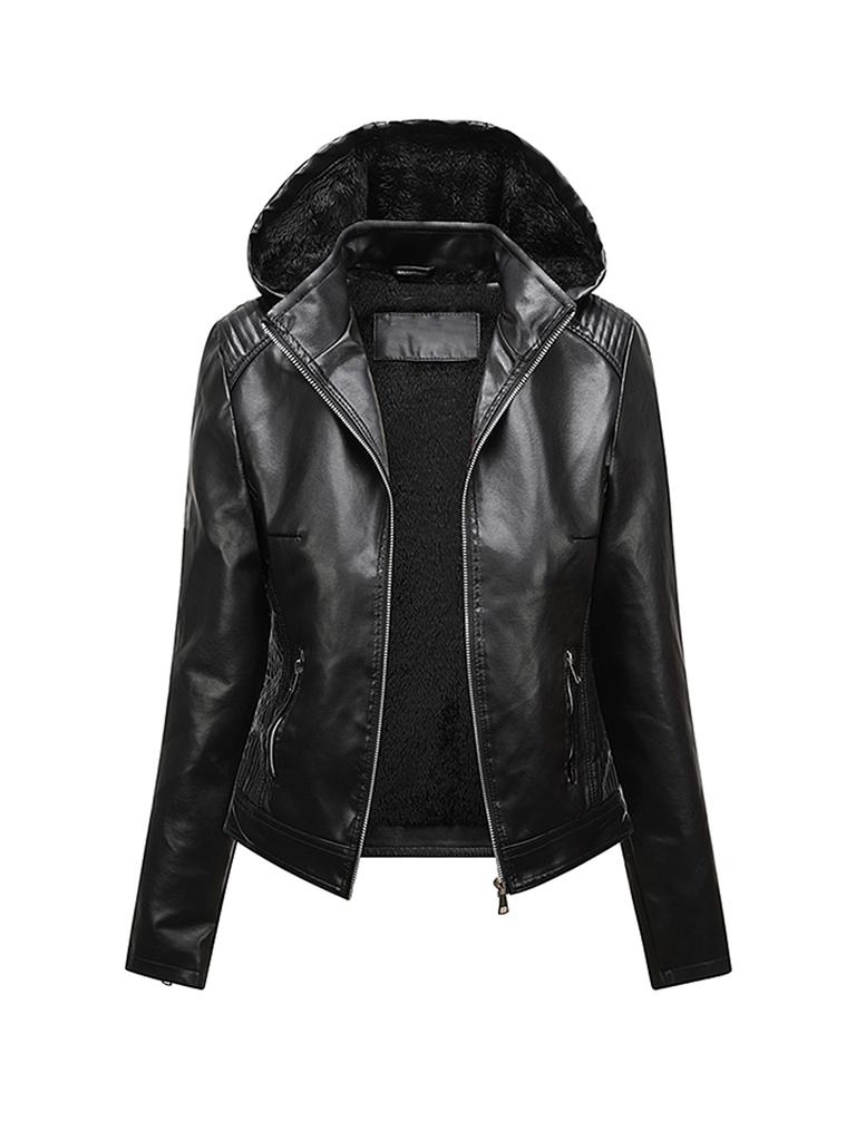 Giacca Invernale con Cappuccio in Ecopelle da Donna Taglie Forti Moda Slim Fit Caldo Cappotto