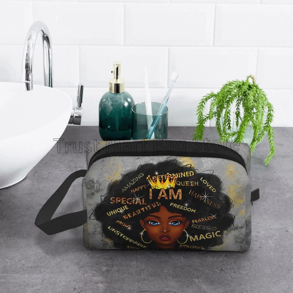 African American Woman Makeup Bag Organizer Portable Waterproof Cosmetic Bag Large Travel Toiletry Bag for Girls Women