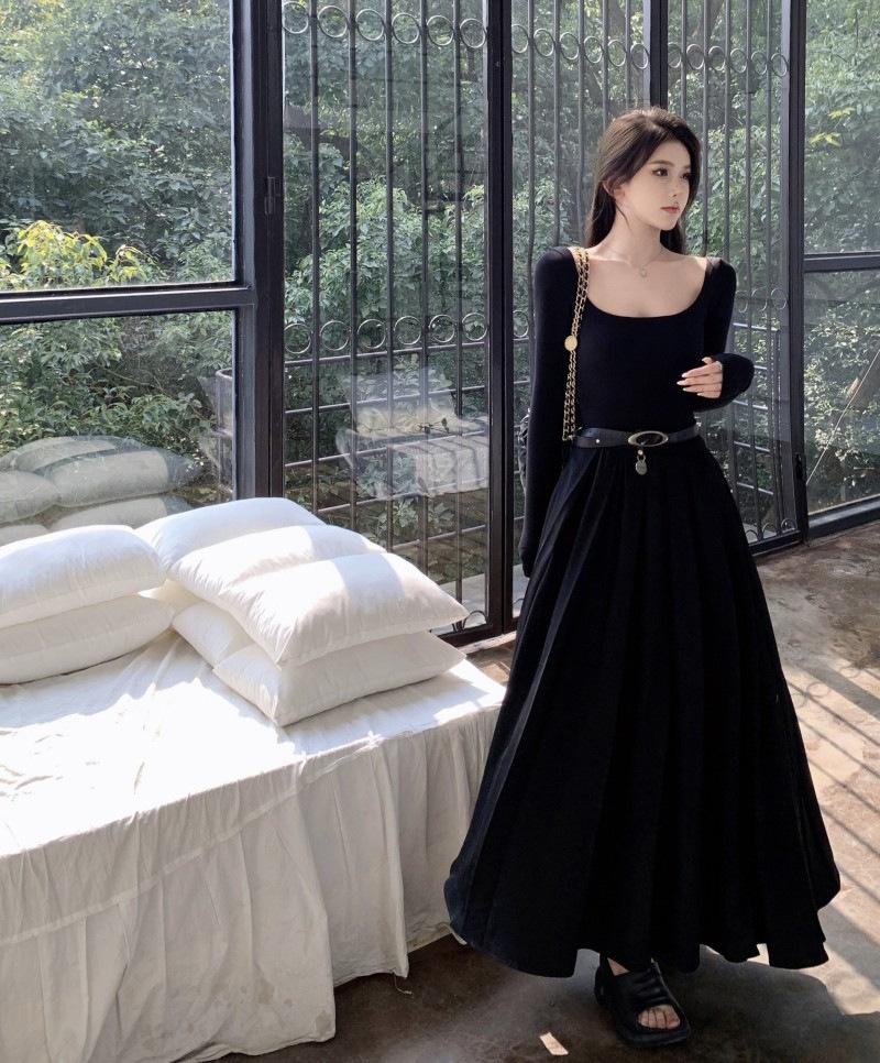 French Temperament Long-sleeved White Bottom Dress Women's Autumn New Waist and Thin Long Skirt