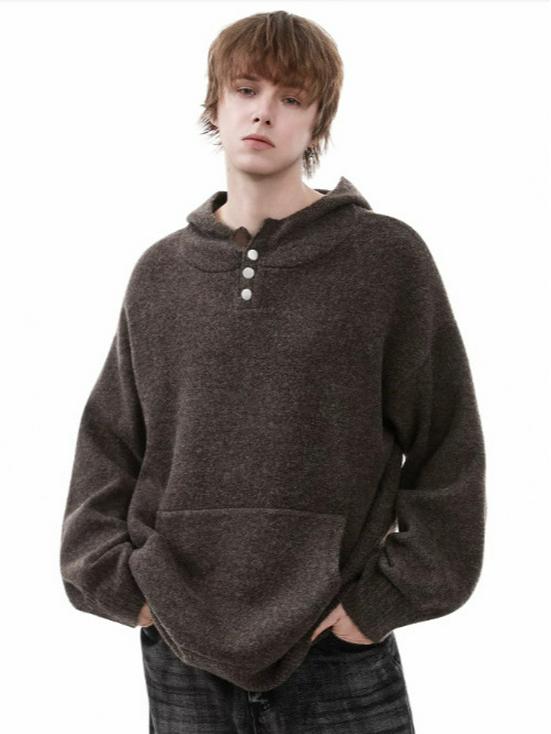 Unisex Hooded Knit Cardigan Jacket - Half-Button, Thick, Loose, Trendy Sweater for Autumn/Winter