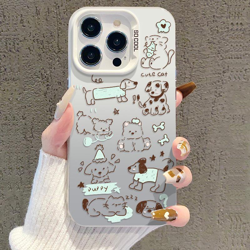 Silver Colorful Line Art Puppy Cat Case for iPhone 16 Pro Max & 15/14 Apple 11 Pro