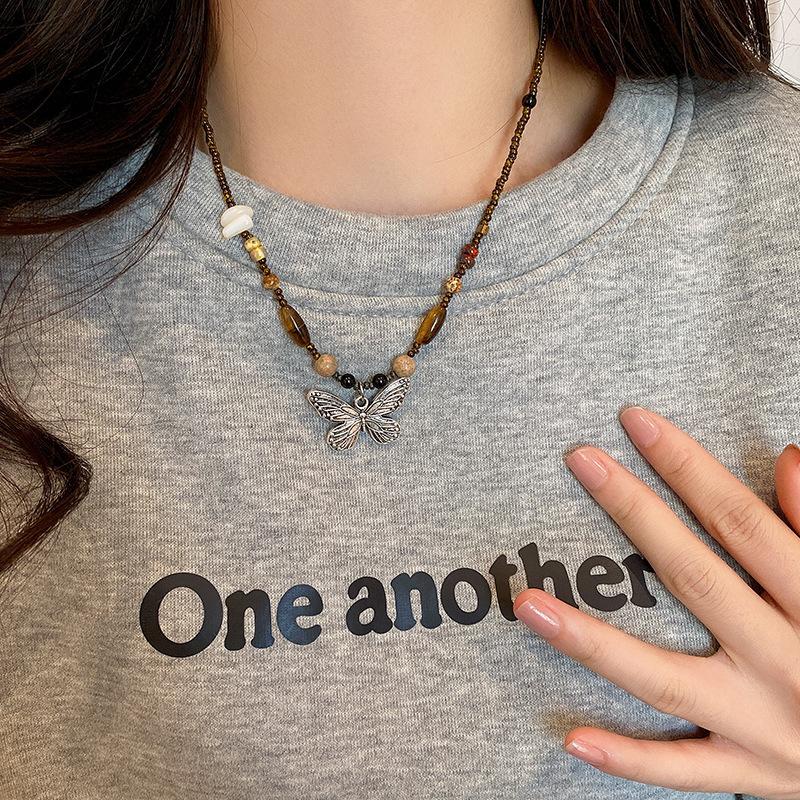 New Chinese Retro Beaded Butterfly Necklace Female Summer Ethnic Style Niche Design Sense Ancient Style Zen Chinese Style Accessories