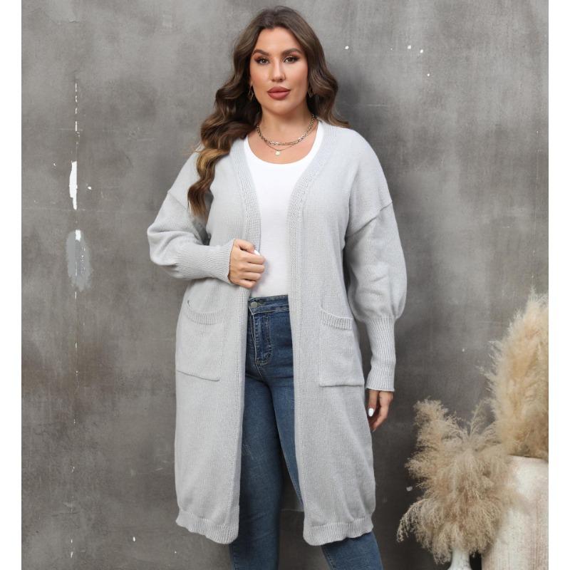 Damen Übergröße Locker Mittellang Laternenärmel V-Ausschnitt Doppeltasche Strick Cardigan Pullover