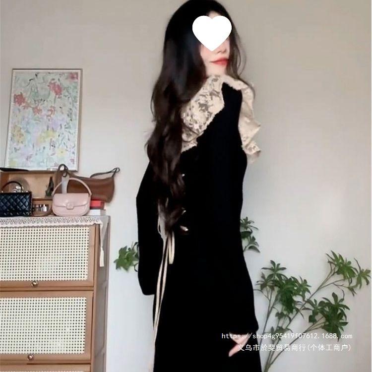 French Hepburn New Long-sleeved Autumn and Winter New Thin Lace Temperament Long Dress Black Dress