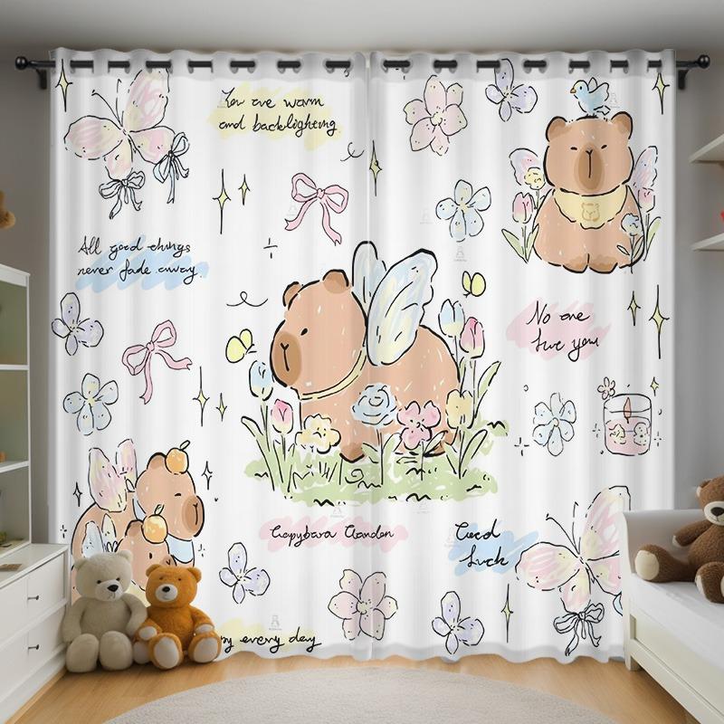 Christmas Kapibala Anime Living Room Bedroom Curtains For Living Room Perforated Dustproof Blackout Drapes Kitchen Cabinet  Home