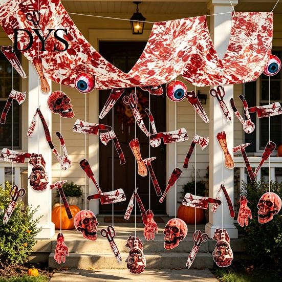 Haunted House Scary Props Halloween Bleeding Body Parts Hanging Decor, Creepy Eyeball Skeleton Foldable Horror Party Favors Door Curtain for