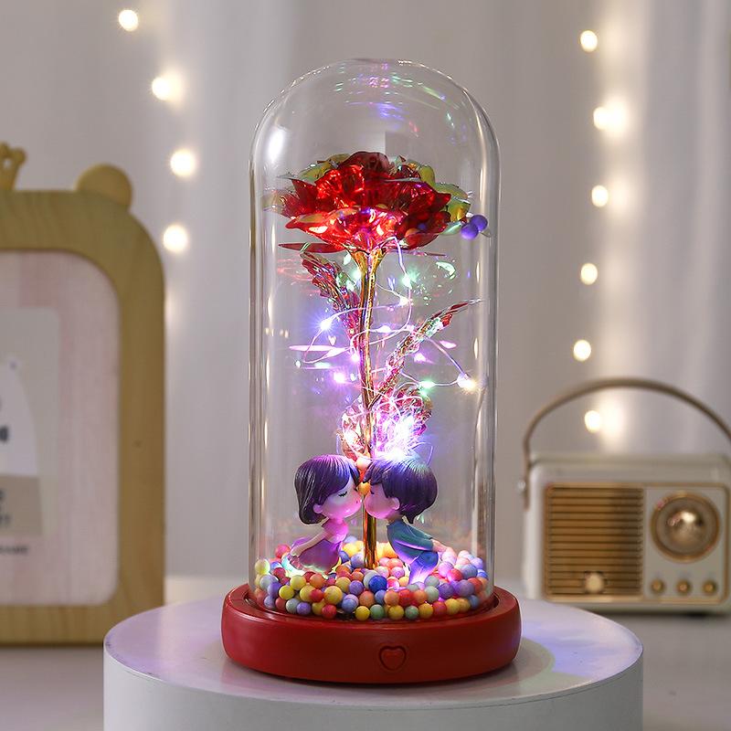 Gold Rose Glass Cover Ornament with Light Music To Send Valentine's Day Women's Day Immortal Flower Creative Gift