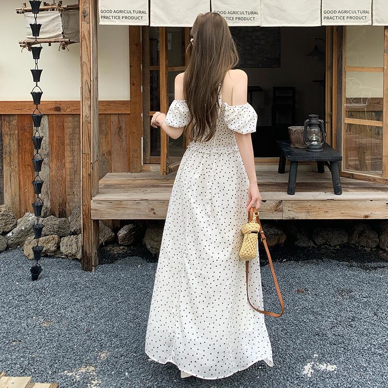 French One-word Shoulder White Pendulum Dress Women's Waist and Thin Long Gentle Wind Vacation Polka Dot Skirt