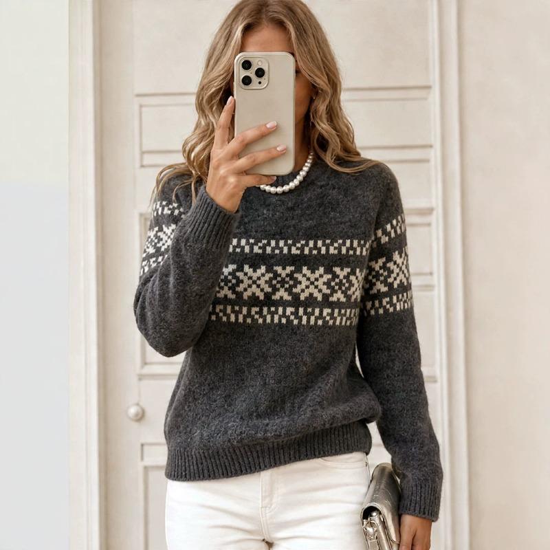 Women Vintage Geometric Jacquard Knit Sweater Raglan Crew Neck Loose Fit Casual Base Layer