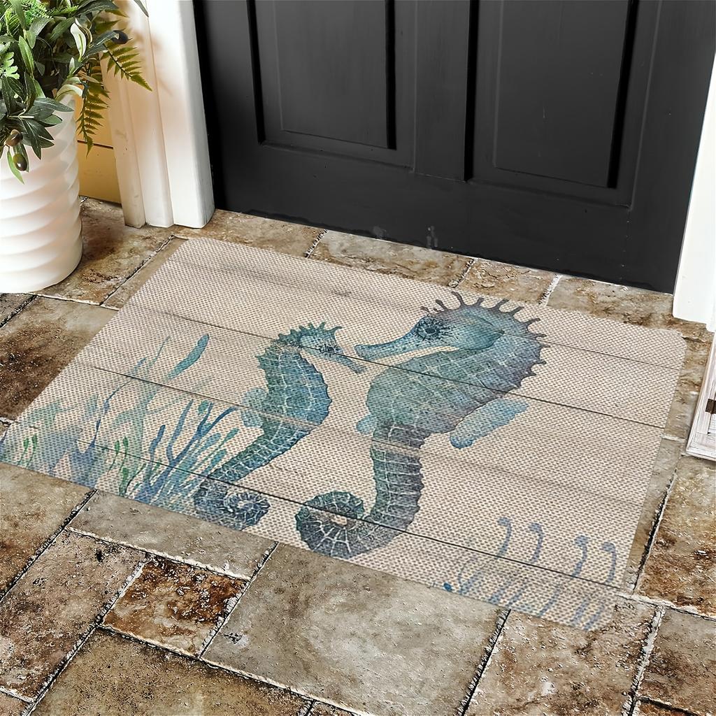 Welcome Doormat with Seahorse Pattern - Machine Washable - Suitable for Bathroom, Living Room, Bedroom, Kitchen, Office