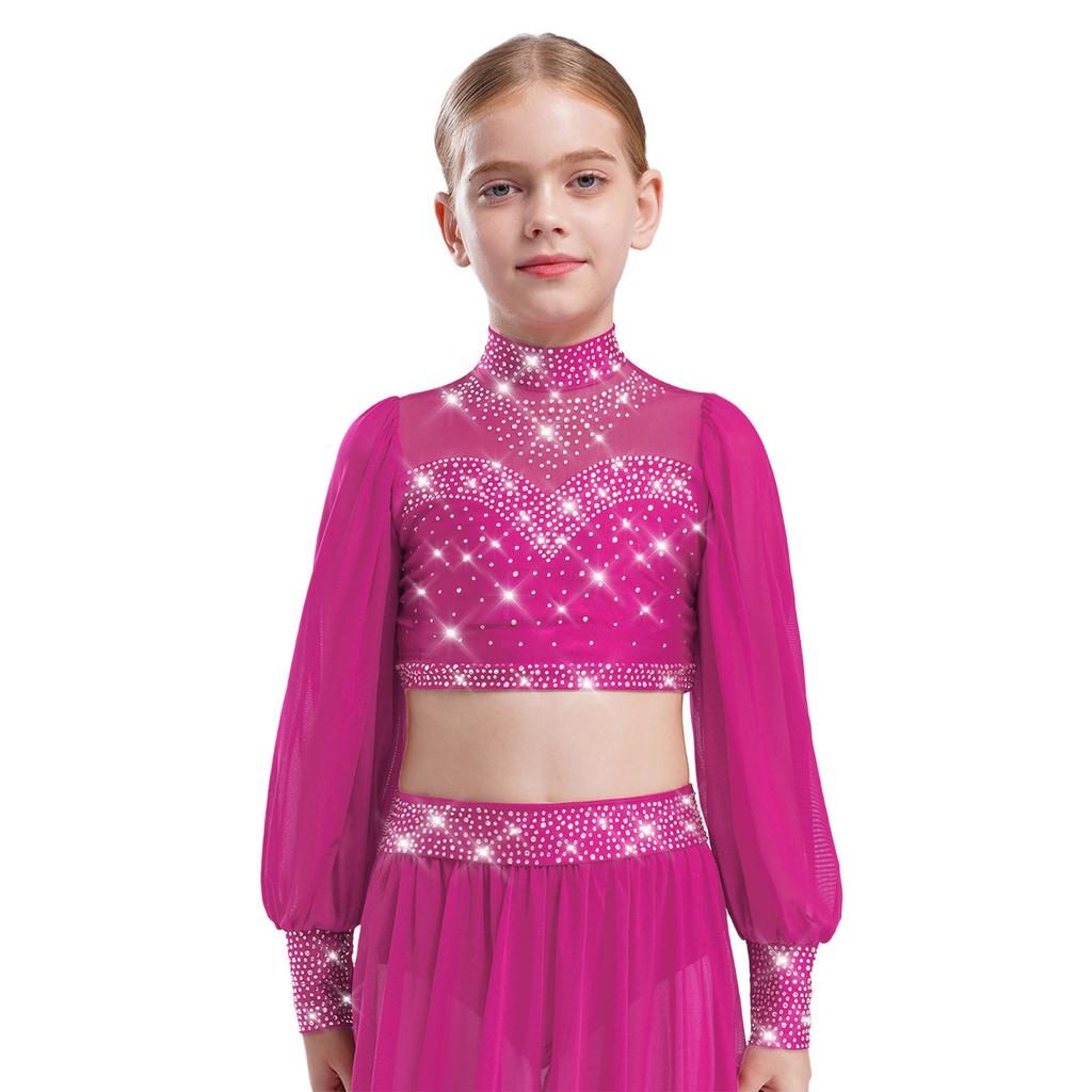 Mädchen Mesh Tanztop Langarm Stehkragen Ausschnitt Rücken Strass Crop Top für Lyrische Ballett Aufführung