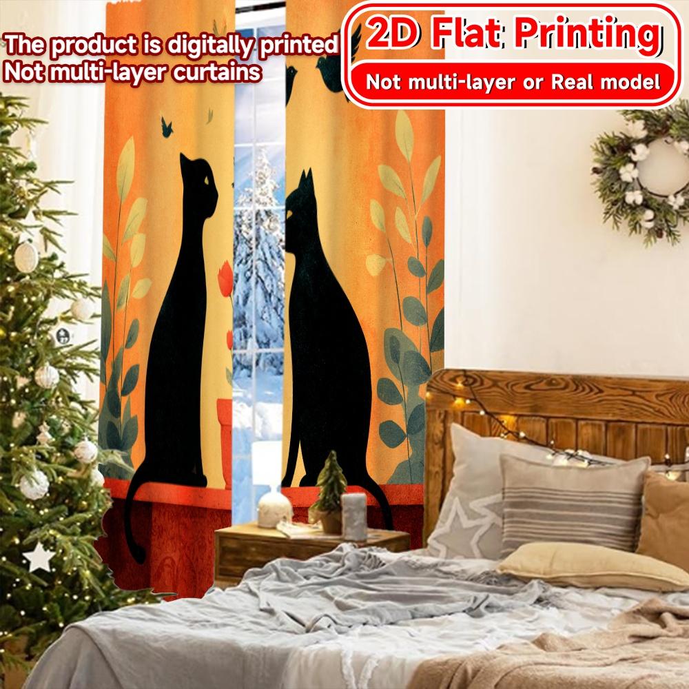 2D FLAT PRINTING 2pcs Curtains (Without Rod) Cat and Birds Window Scene New yearFestival Popular Curtains&Drapes Durable