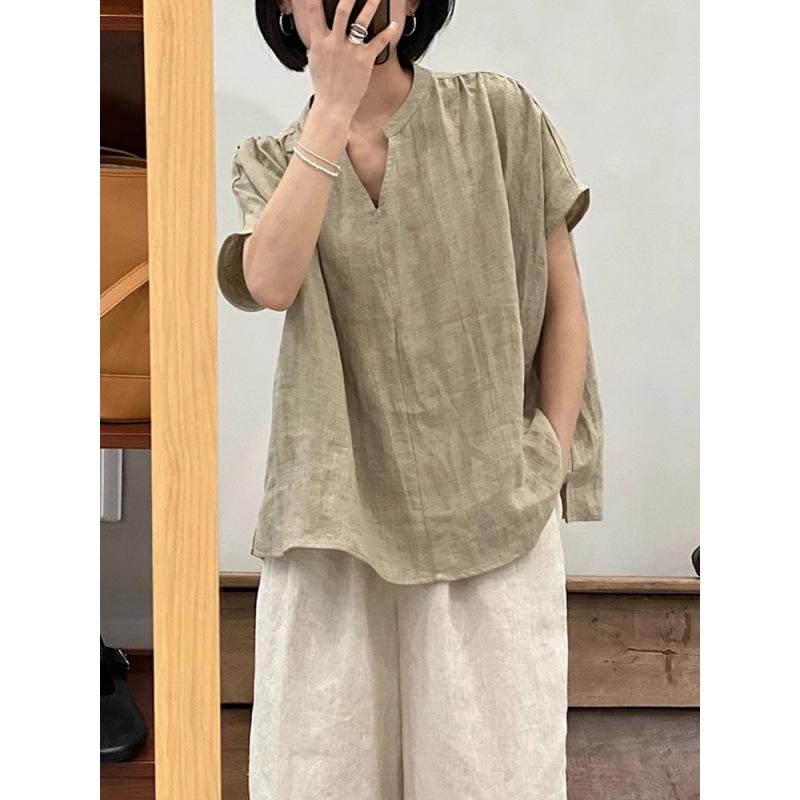Women s Japanese Style V-Neck Linen Short Sleeve Ramie Shirt in Apricot XXL