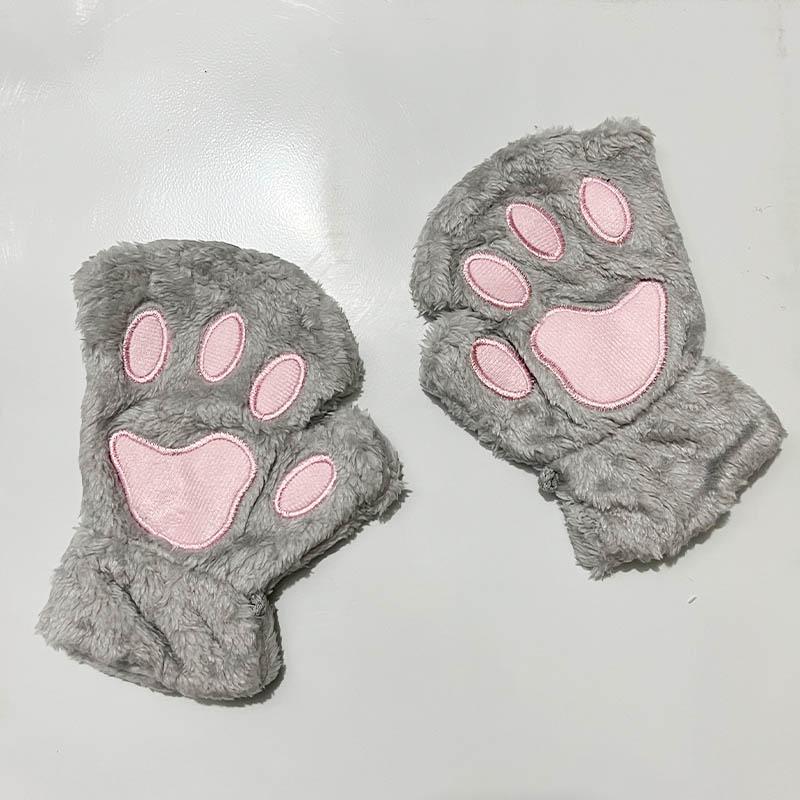 Cartoon Winter Gloves Women's Bear Plush Cat Paw Claw Gloves Cute Short Fingerless Fluffy Bear Claw Mittens For Girls Gift Party