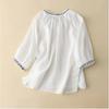 White Embroidery Three Quarter Sleeve V-Neck Pullover Loose Women's Blouse Shirt Casual Linen Female Clothing Tops Fashion