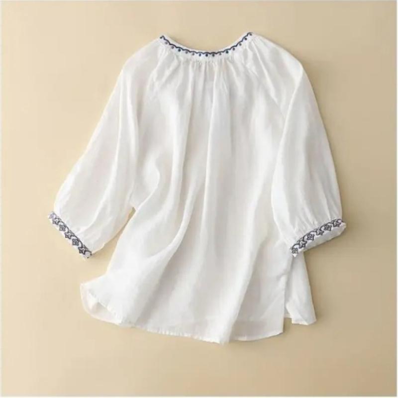 White Embroidery Three Quarter Sleeve V-Neck Pullover Loose Women's Blouse Shirt Casual Linen Female Clothing Tops Fashion