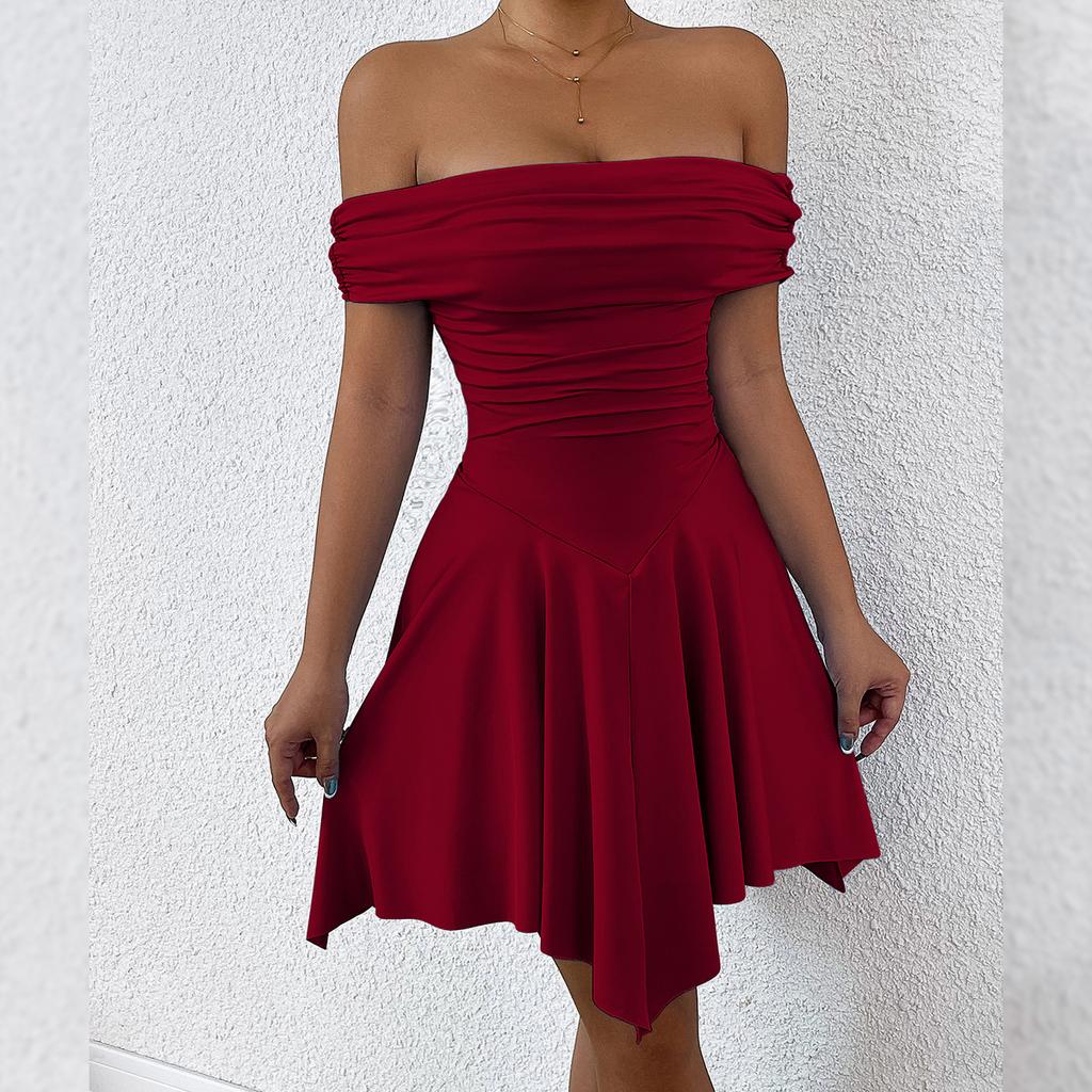 Summer women's clothing European and American one-word collar irregular tube top off shoulder slim-fitting sexy dress