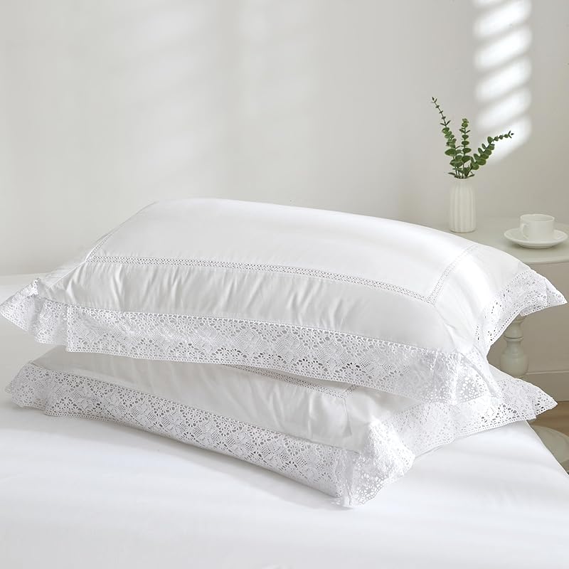Set of 2 Lace Embroidery Pillow Cases, 100% Cotton Queen Size, White Good Feeling Pillow Covers with Envelope Closure, Softer and Breathable Pillow