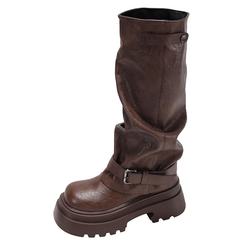 Brown British Style Thick Heel Platform Boots Women's Boots 2025 New Autumn Height Increase and Thin Trousers Knight Boots