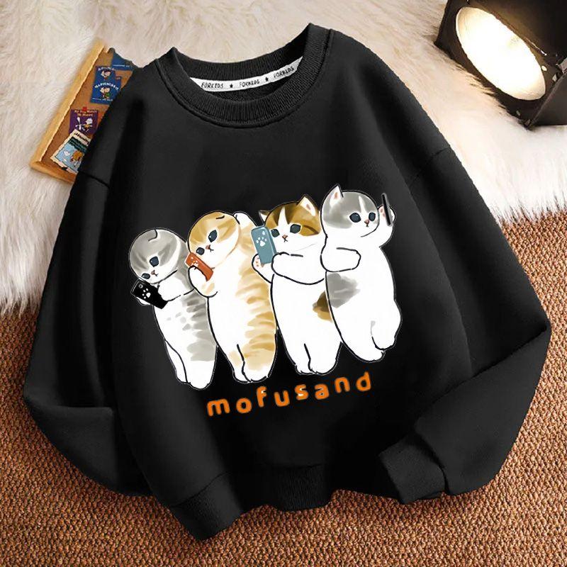 Cute Cat Round-neck Hoodie for Children, Fashionable Long-sleeved Casual Top for Boys and Girls In Spring and Autumn