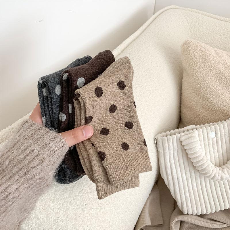 Socks Thickened Warm And Versatile Polka Dot Black Wool Maillard Coffee Color Mid-Leg Socks