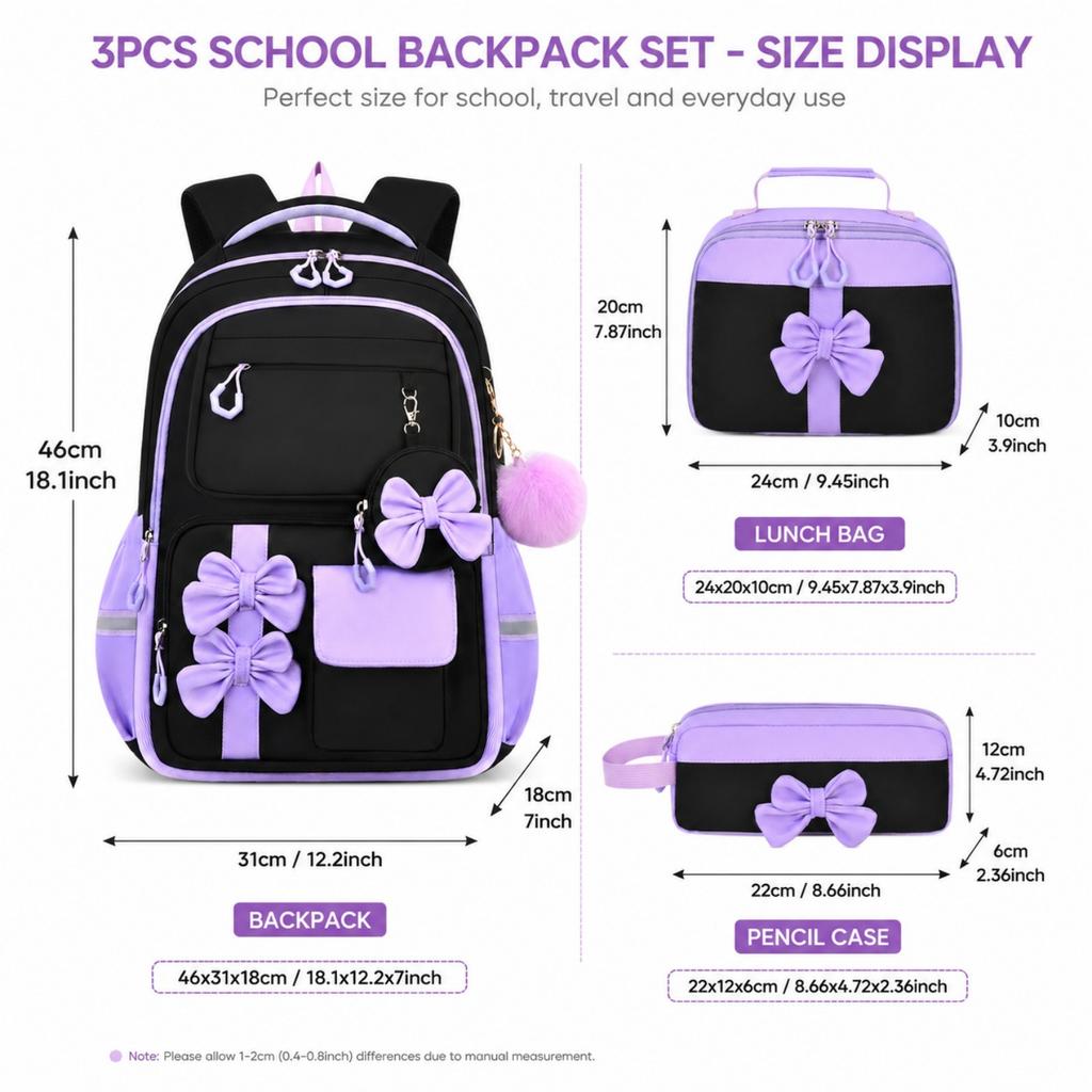 Cute Bow 3-Piece Set for Girls Elementary School Backpack Big Capacity Load-Bearing School Bags 2026