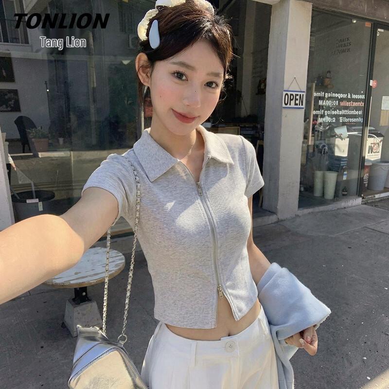 TonLion Women s Double Zipper Short Sleeve T-Shirt XL