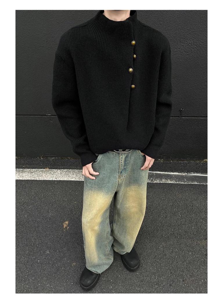 Men's Korean Style High Neck Sweater with Irregular Button Design – Trendy Oversized Knitwear