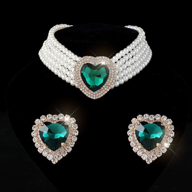 Exaggerated Multi-layer Imitation Pearl Peach Heart Crystal Necklace Earrings Set Bridal Love Rhinestone Neck Chain Women