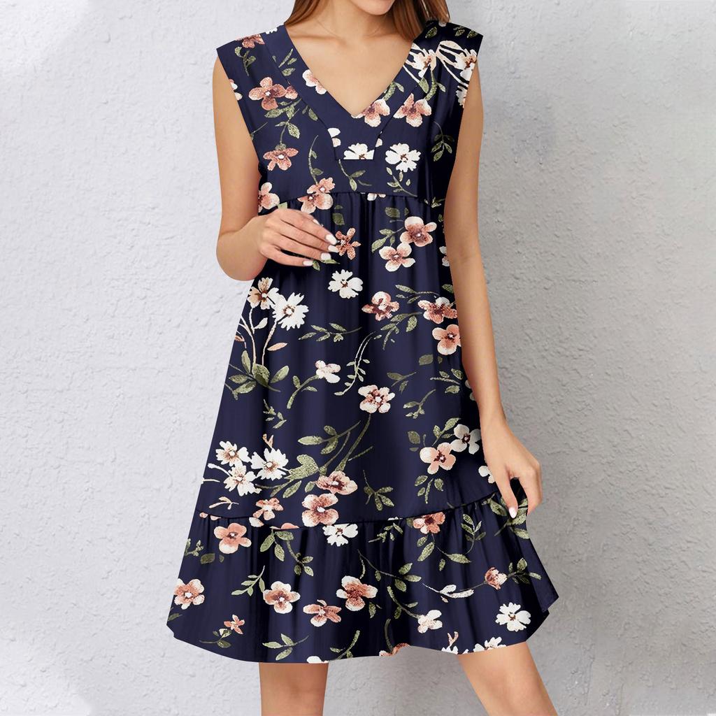 Abito Estivo da Donna Senza Maniche Scollo a V Stampa Abiti Corti Moda Casual Fluido Boho Volant A Linea Svasato Prendisole