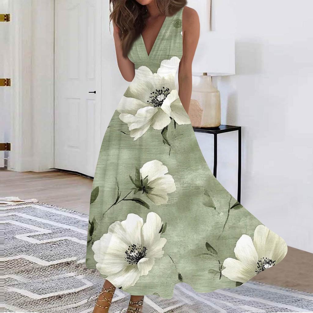 Mote dame avslappet løs V-hals ermeløs trykt kjole