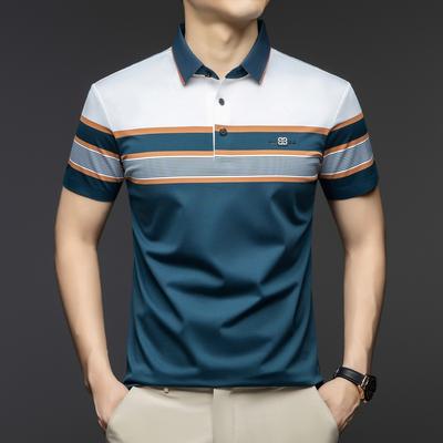 Men'S T-Shirt Short-Sleeved Thin Striped Lapel Breathable Color Matching High Elastic Polo Shirt
