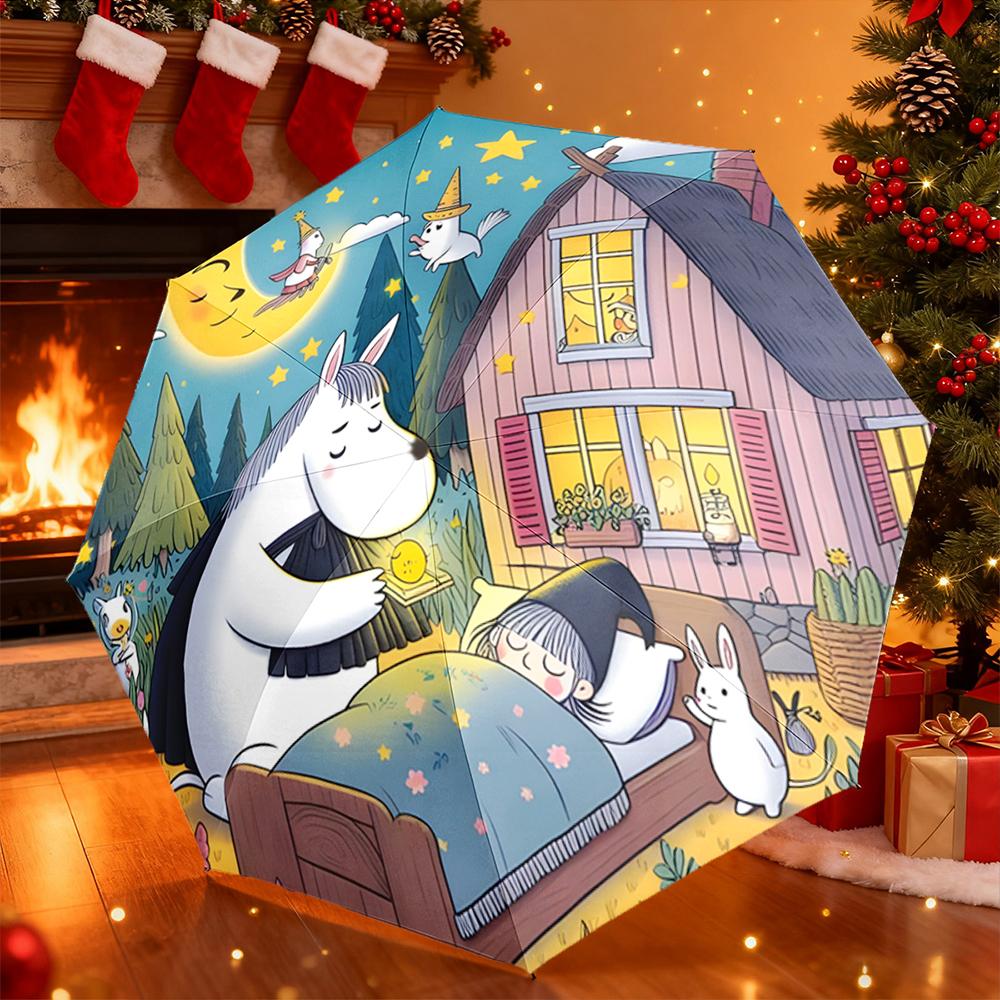 Umbrella with Moominmamma Bedtime Night Print, Windproof Compact Travel Umbrella for Adults, Nordic Moomin Gift