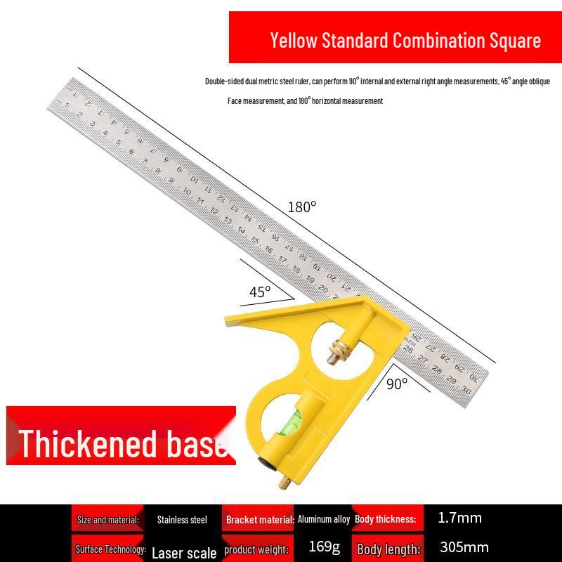 High-Precision Adjustable Stainless Steel 90-Degree Right Angle Woodworking Ruler with 45-Degree Multi-Function Combination.