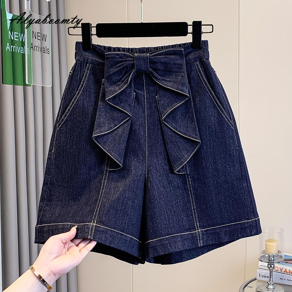 Korean Style Summer Women Basic Shorts High Waist Bow Stylish Blue Denim Straight Shorts Casual Loose Plus Size Streetwear Ladies' Shorts XL-5XL
