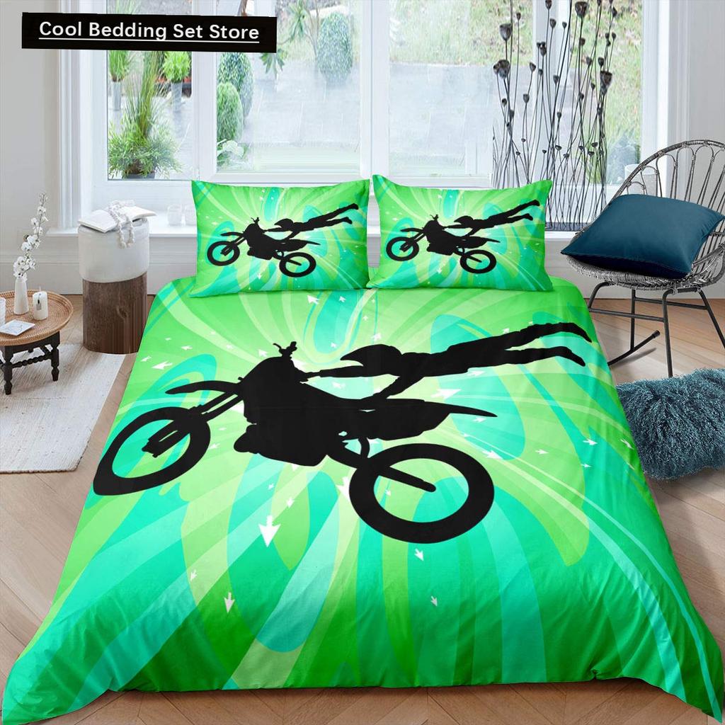 Dirt Bike King Queen Duvet Cover Motocross Sports Bedding Set Motorcycle Quilt Cover Youth Cool Black White Soft Comforter Cover